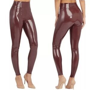 Spanx Faux Patent Leather Liquid Ruby Maroon Leggings Small Petite NWT